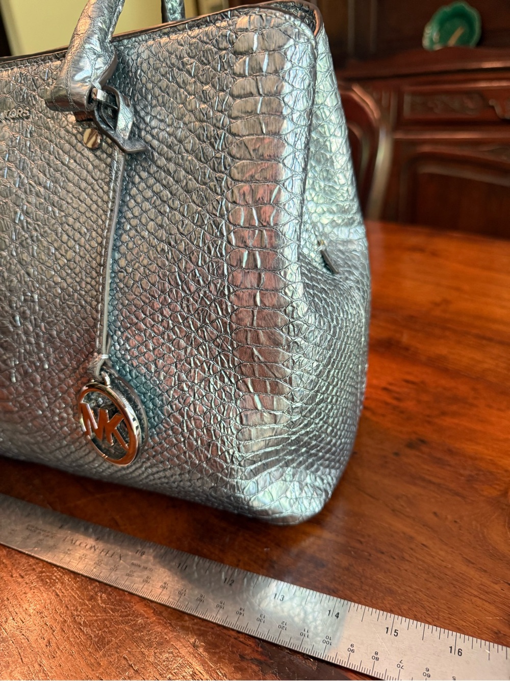 Michael Kors Metallic Silver Python-Embossed Satchel - Picture 2 of 11